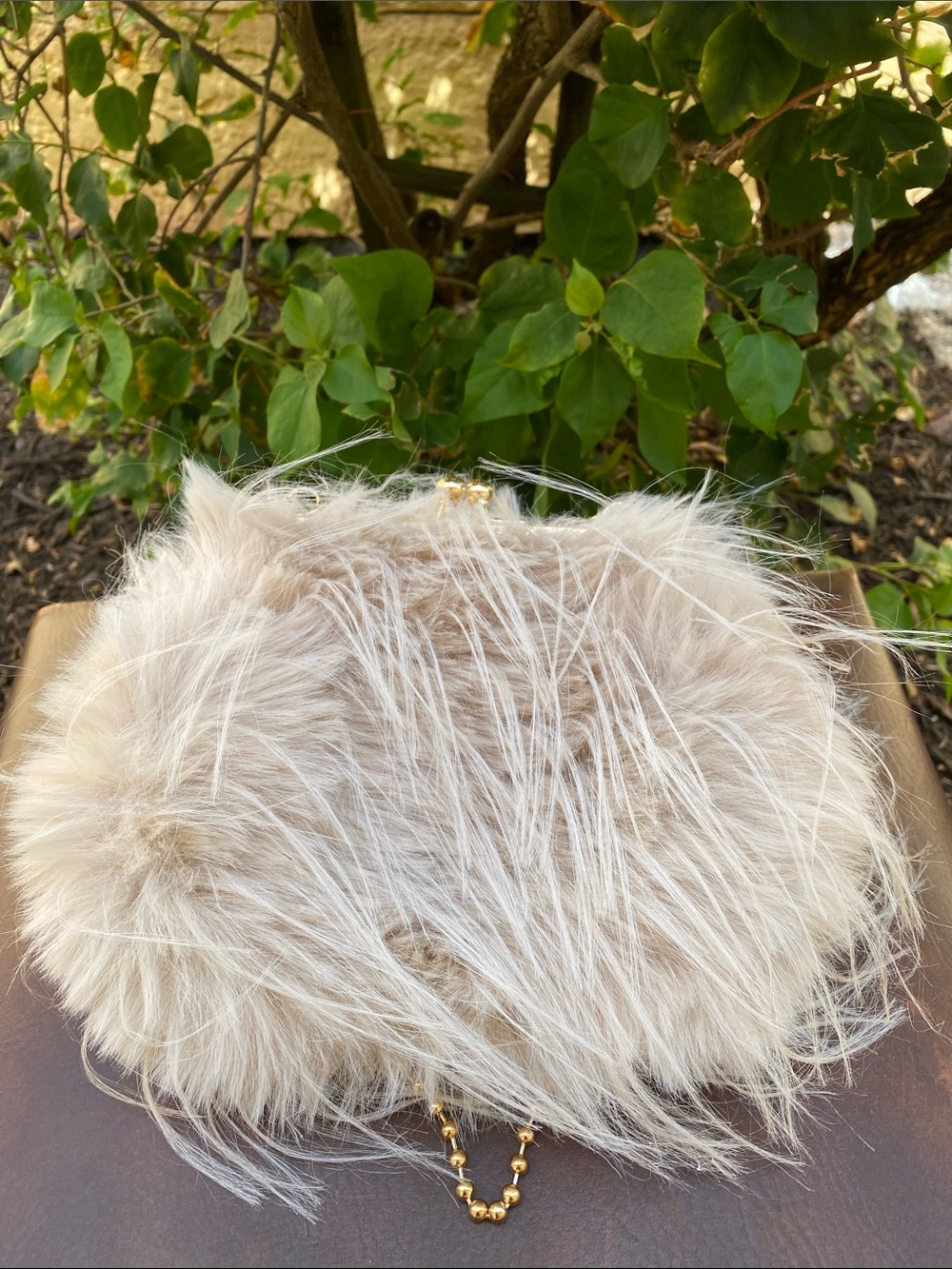 Faux Fur Beige Evening Clutch with Gold Chain